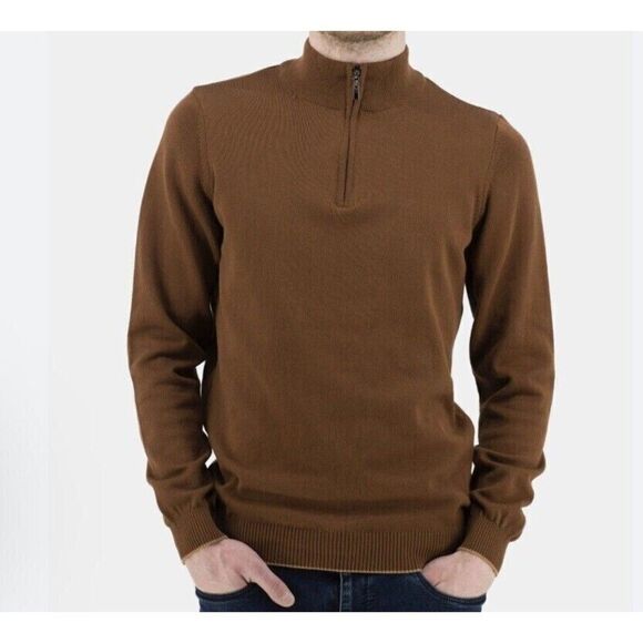 Cezani Men's Brown 100% Extra Fine Merino Wool 1/3 Quarter Zip Sweater Size L - Picture 1 of 9